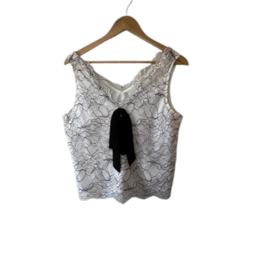 Ann Taylor LOFT White & Black Floral Lace Bow Double V Cami Tank Top Sz Small